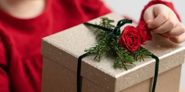 envolver regalos de Navidad con flores y planta