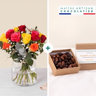 Multicolored roses and chocolates